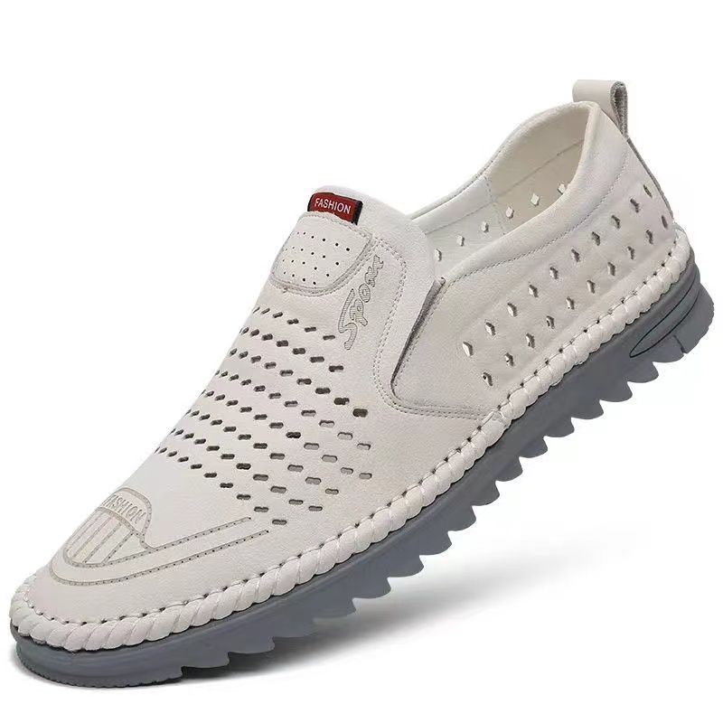 Summer Men's Sandals Hollow Hole Mesh Breathable Work Slip-on No Shoelaces Business Casual Leather Shoes