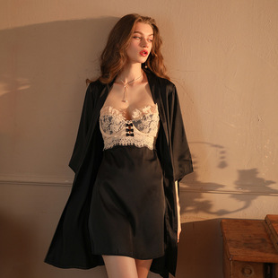 Beautiful Yarn Sexy Eyelash Lace Pajamas Multi-color Side Split Sling Nightgown Set Pure Desire Backless Pajamas for Women
