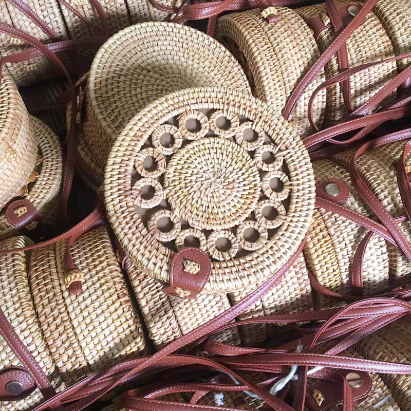 Rattan bag ins oblique cross mini bag forest basket retro woven round bag vacation bucket bag