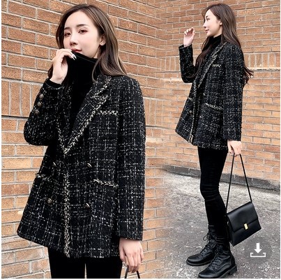 2023 Autumn and Winter New Women's Loose Plaid Woolen Coat Chanel Style Tweed Socialite Stitching Small Suit for Women