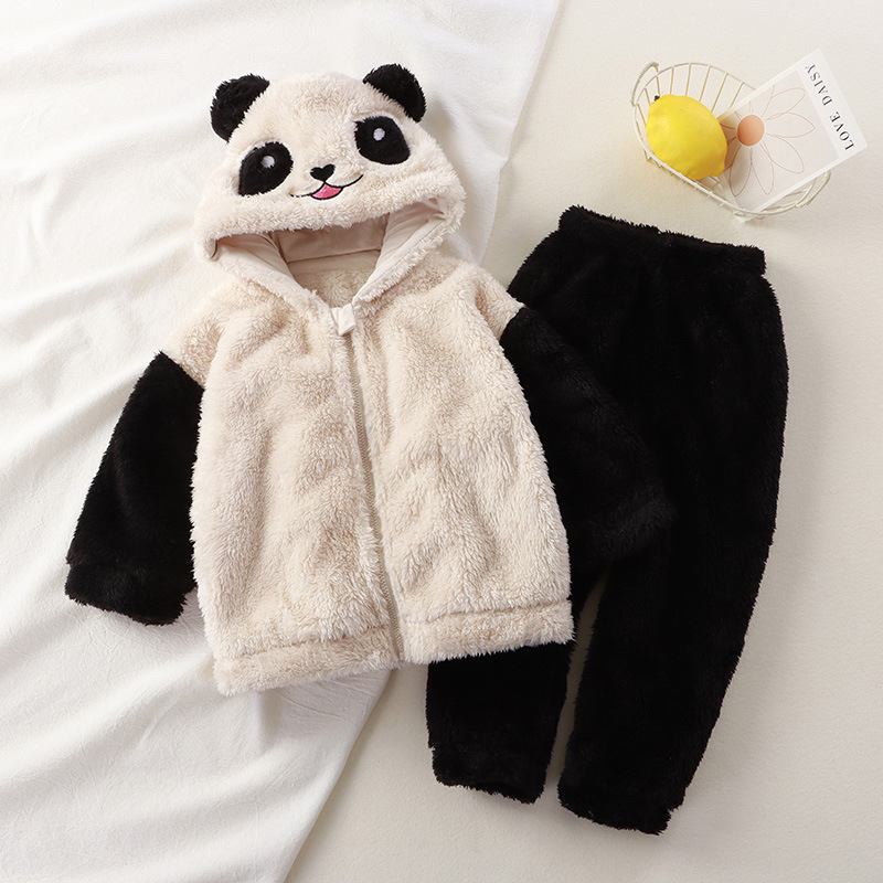 Children's autumn and winter New flannel hooded home wear suit boys and girls baby cute woolen sweater children's pajamas