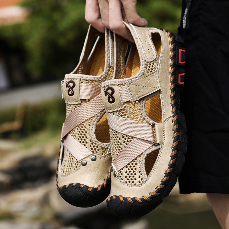2021 New Summer Mesh Toe Leather Sandals Men's Breathable Korean Style Leg Cowhide Leather Beach Shoes Amazon Trendy
