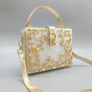 Clearance European and American acrylic dinner bag hollow metal carved Diamond-embedded handbag shoulder crossbody women's bag foreign trade