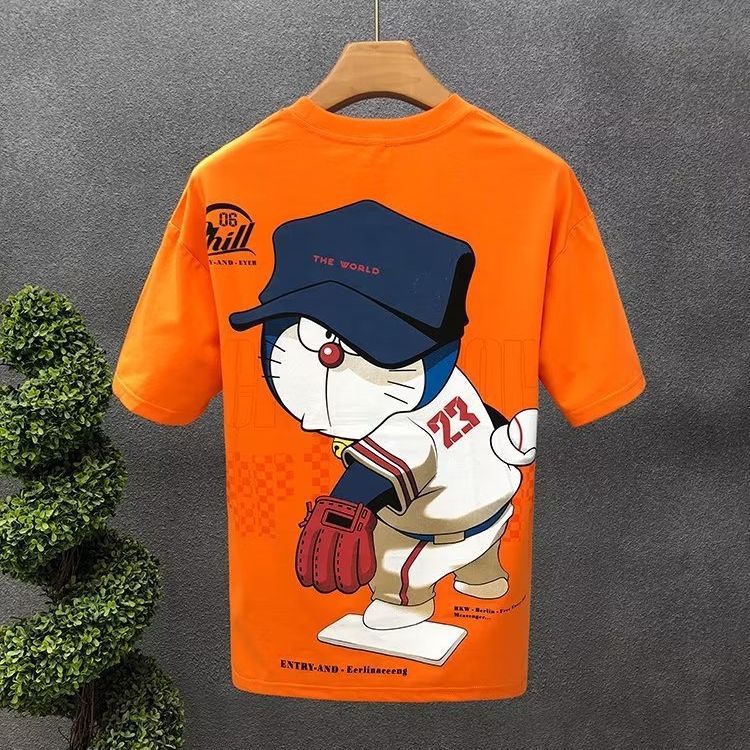 Cartoon Printed Short-sleeved Cotton T-shirt Men's 2023 Summer New Style Teenager Niche Design Crewneck Half-sleeved Top
