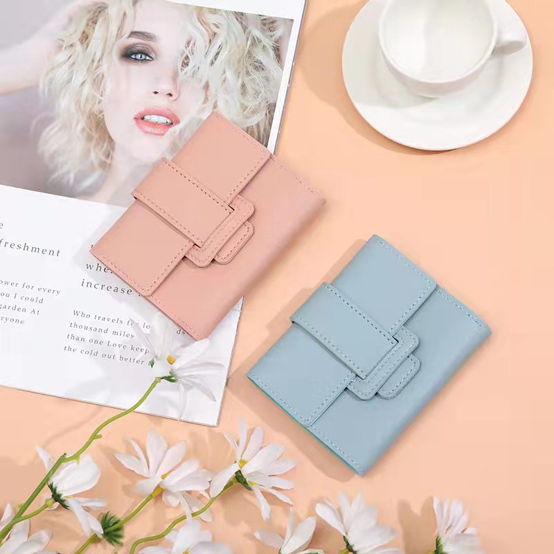2021 new three-fold women's wallet coin purse certificate driving license card holder Korean style monochrome buckle wallet