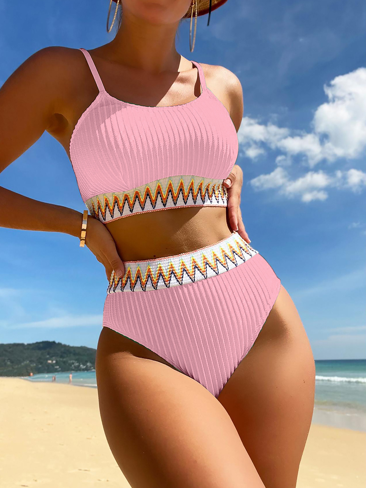 2024 cross-border split swimsuit high waist solid color conservative board belt European and American Foreign trade swimsuit Amazon wholesale independent station