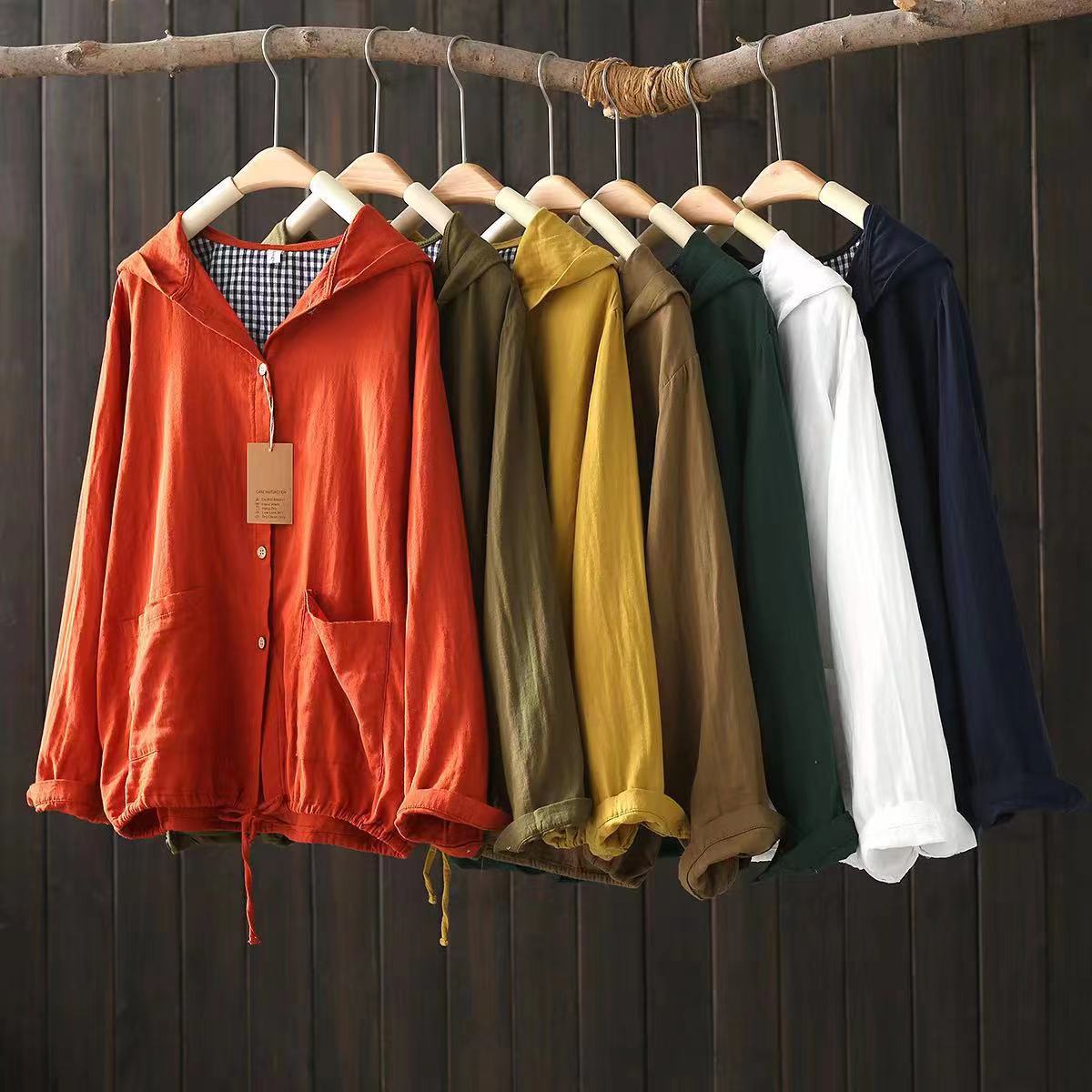 Spring and Autumn 2023 Long Sleeve Hooded Cotton Yarn Shirt Women's Thin Jacket Large Size Cross-border Russian Foreign Trade Star