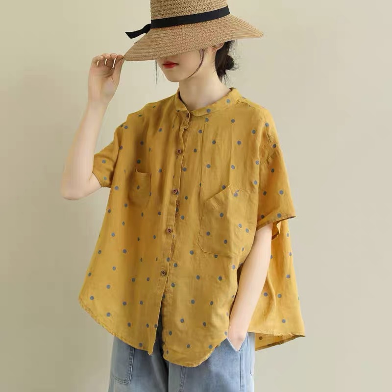 Artistic Retro Polka Dot Cotton Linen Shirt Women's Short-sleeved 2021 Summer Loose Large Size Mori Doll Collar Linen Top