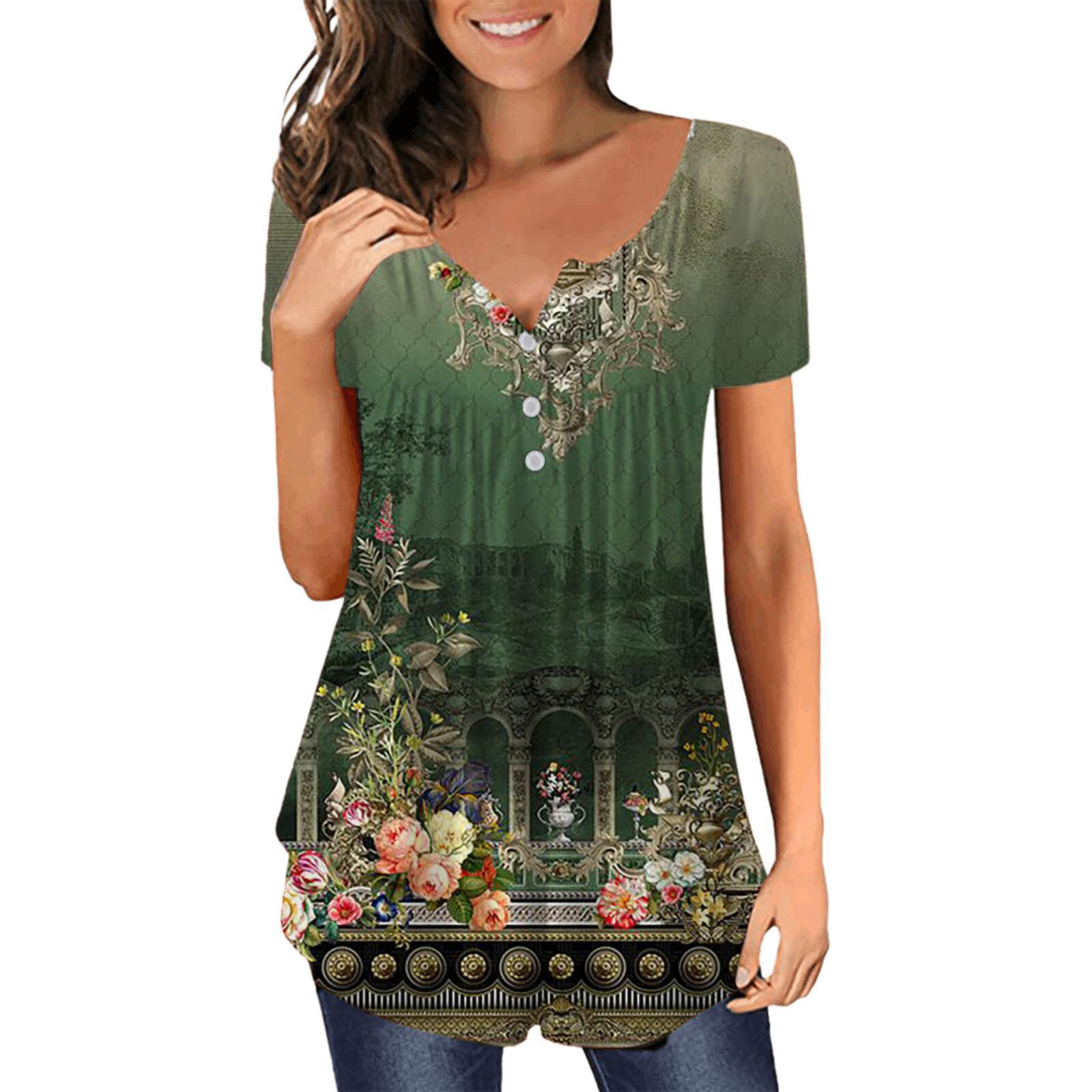 2023 Amazon Independent Station New Tunic Top Casual Shirt V-Neck Short Sleeve Button T-Shirt