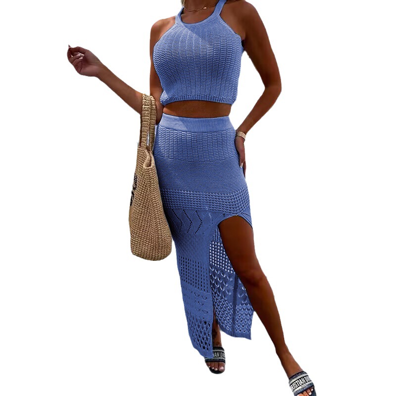 2023 European and American Cross-border New Women's Summer Short Top Split Hip Skirt Two-piece Dress