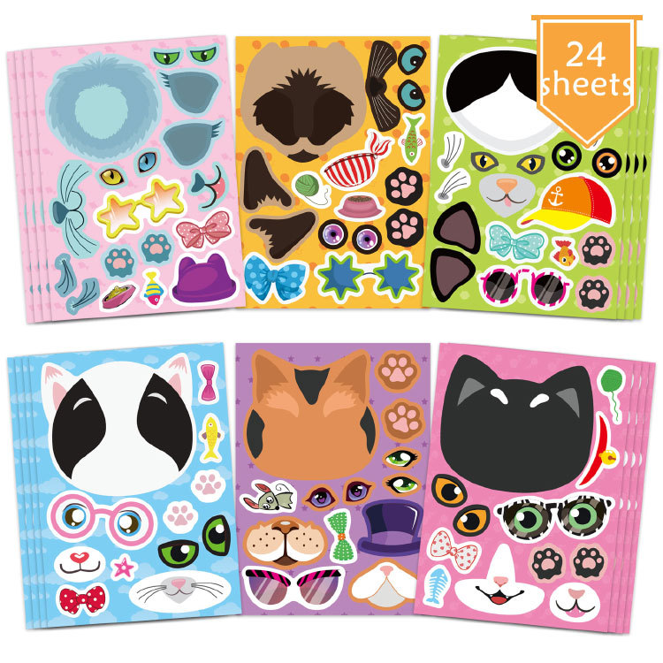 Cat Cartoon DIY Puzzle Kids Game Sticker Cat Makeup Sticker Kids Animal Craft Birthday Gift