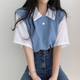 2023 Summer polo lapel fake two-piece college style contrast color short sleeve t-shirt women's loose casual all-match top ins