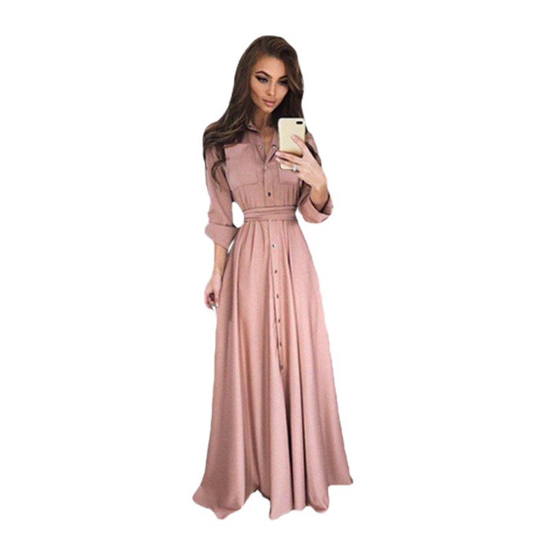 2024wish Amazon eBay Women's Explosions Slim-fit Long Sleeve Button Lace-up Long Dress 5 Color 8 Size Dress