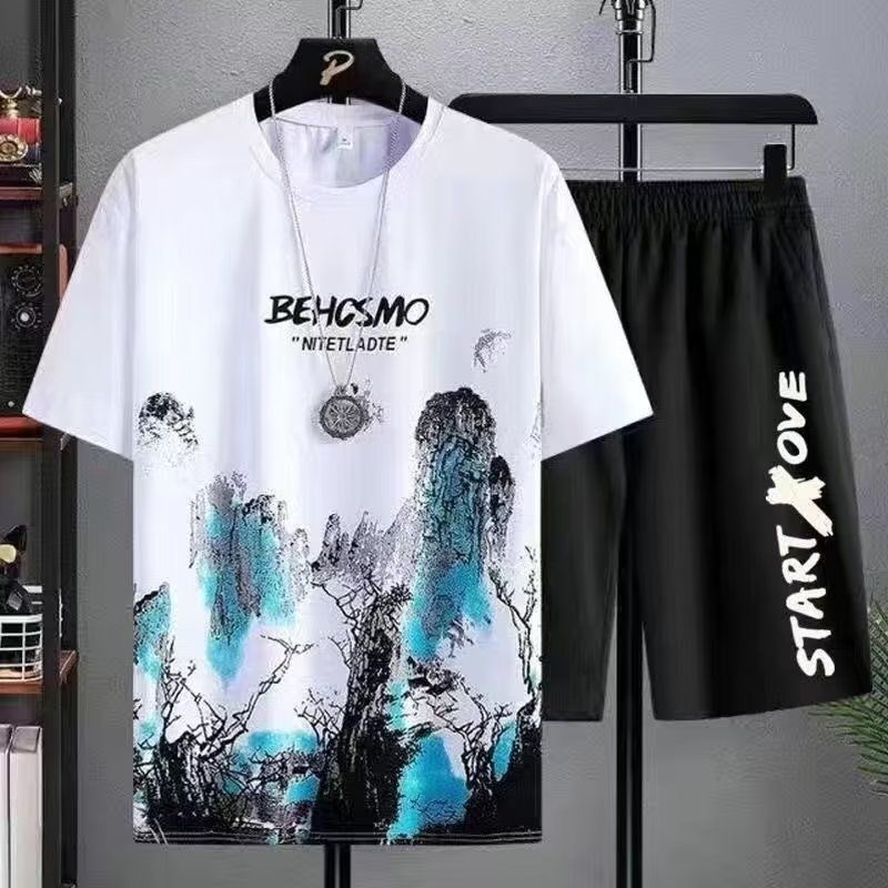 Summer Men's Fashion New Fashionable Brand Ice Silk Suit ins Casual Summer All-match Teenagers Men's Loose T-shirt