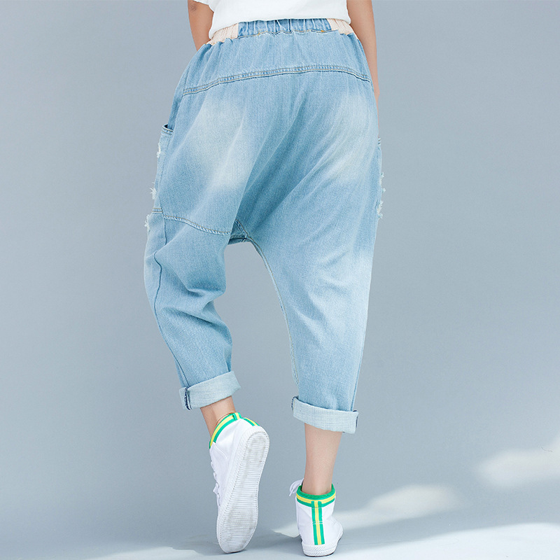 2024 denim casual baggy pants big crotch pants loose personality ripped irregular slimming Korean style wandering notes