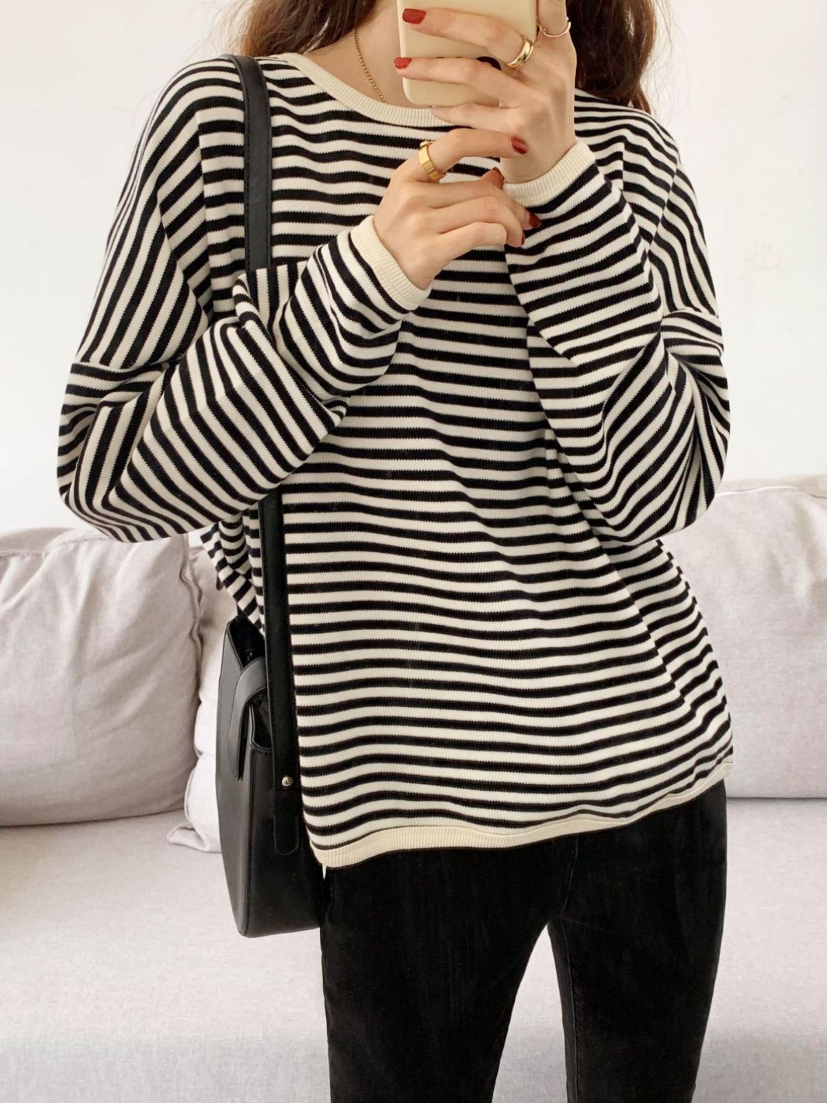 Korean Style Pullover Sweater Women's Spring and Autumn Thin Casual Tibetan Blue New Style Striped Round Neck Loose Long Sleeve Large Size Women's Clothing