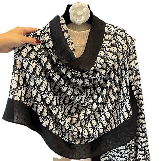 2022 New Letter Fashion Western Style Silk Scarf Women's Multifunctional Scarf Sunscreen Shawl Outer Wear Autumn and Winter Cotton Linen Scarf