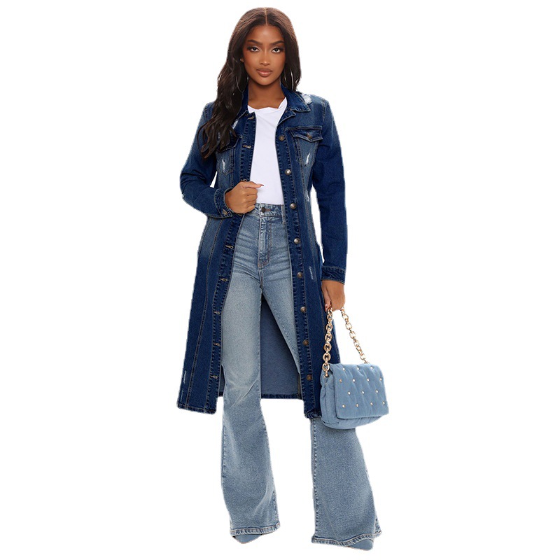 Cross-border European and American style Denim coat for women 2024 hot sale New dark washed worn retro slim-fit long trench coat