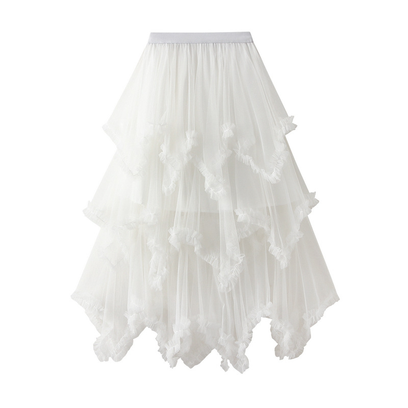 Ear Edge Irregular Mesh Cake Skirt Mid-length High Waist Large Puff Fairy Veil Skirt 1279
