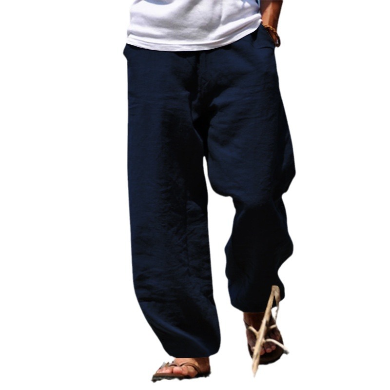 European and American Cotton and Linen Casual Pants 2024 Spring New Men's Loose Cotton and Linen Drawstring Hip-Hop Light Wide Leg Straight Pants Men's Wear