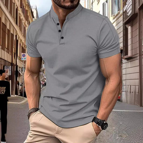 Cross-border in stock AliExpress Amazon Men's Short-sleeved Collar Waffled Fabric Casual Short-sleeved Polo Shirt