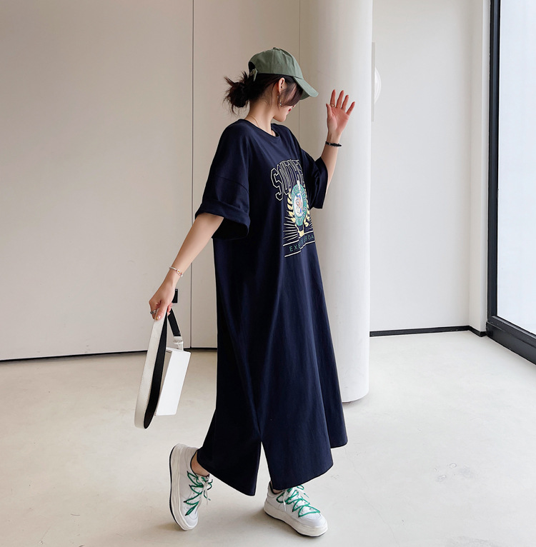 Fat mm large size summer simple knee-length lazy dress split 2023 new long Korean dress 200kg