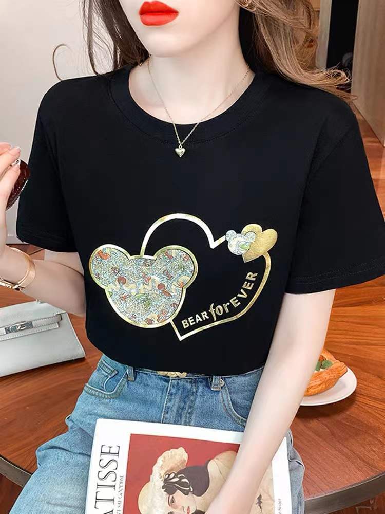 Heavy industry bronzing bear short-sleeved T-shirt for women  spring and summer Korean style personalized design loose new inner top