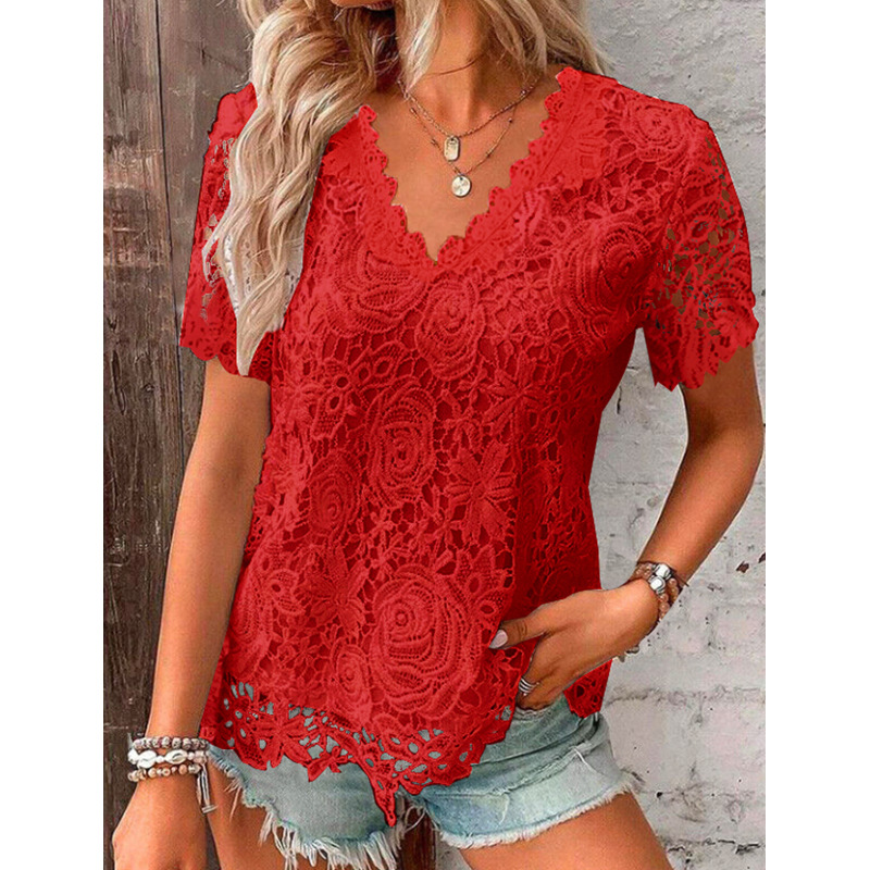 Independent Station Amazon 2024 Summer New Hot V-Neck Elegant Lace Top Short Sleeve T-Shirt