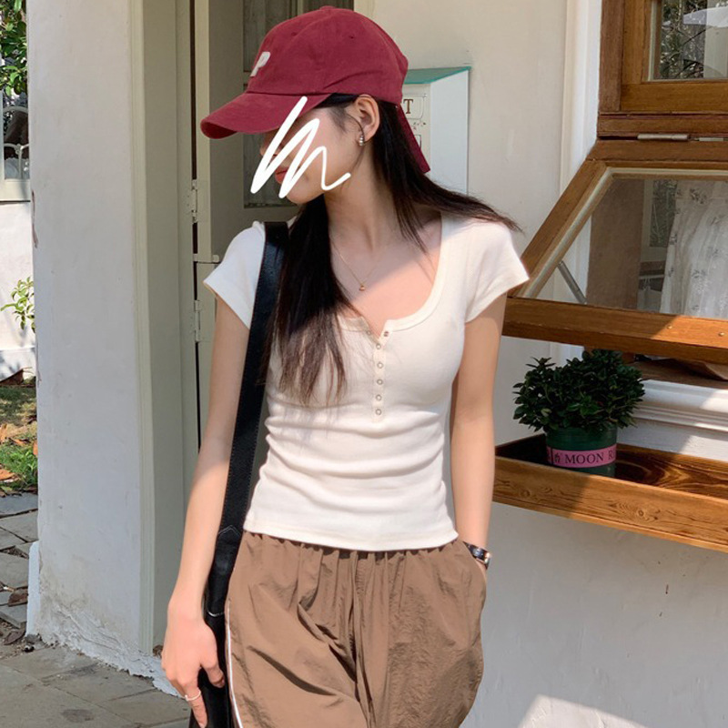 Threaded cotton button T-shirt women's short sleeve 2024 Summer new square collar versatile outer wear slim slimming top bottoming shirt