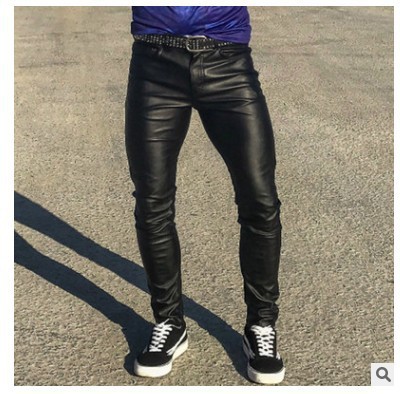 Cross-border new European and American punk plus size men's tight elastic youth low waist personality fashion casual leather pants fashion