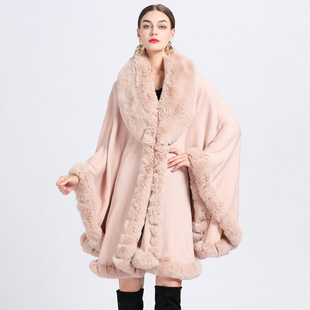 628# European and American autumn and winter New imitation Rex rabbit fur collar shawl Cape large size knitted cardigan loose coat women