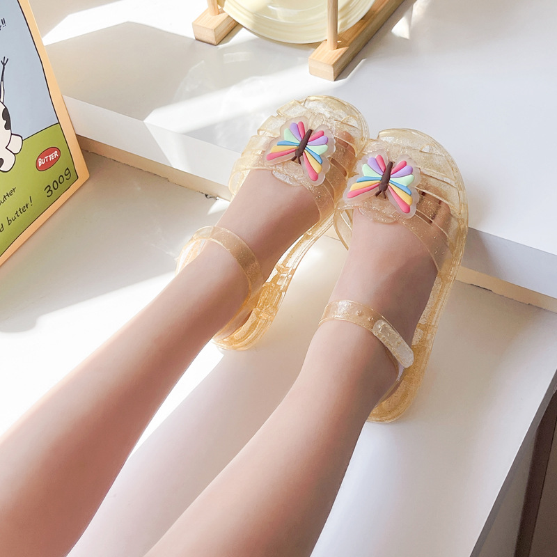 Summer New Small and Medium Girl Sandals and Slippers Rainbow Bow Jelly Shoes Roman Princess Baby Shoes Beach Shoes