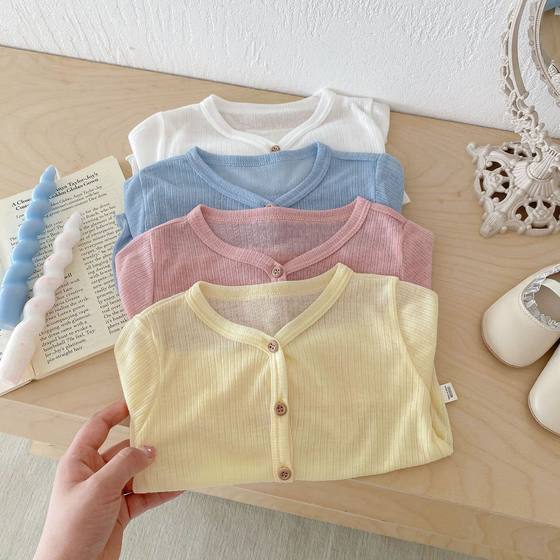 Girls Solid Color Air-conditioning Shirt 0-5 Years Old Summer South Korea Children's Wear Baby Girl Refreshing Breathable Thin Coat Trendy AY493