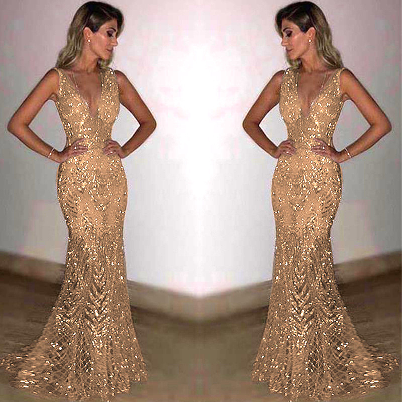 2024 Spring and Summer Cross-border New European and American Women's Amazon Dress Sleeveless V-neck Long Dress Sprinkling Gold Perspective Dress - ShopShipShake