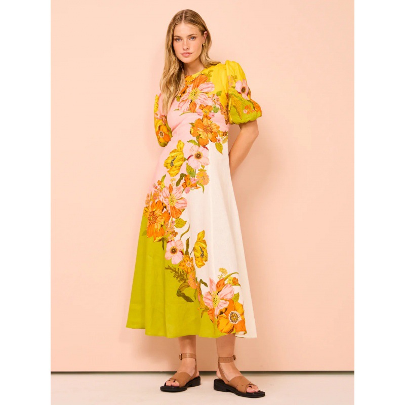 European and American cross-border 2024 New AliExpress independent station printing fashion puff sleeve all-match slim fit large swing dress