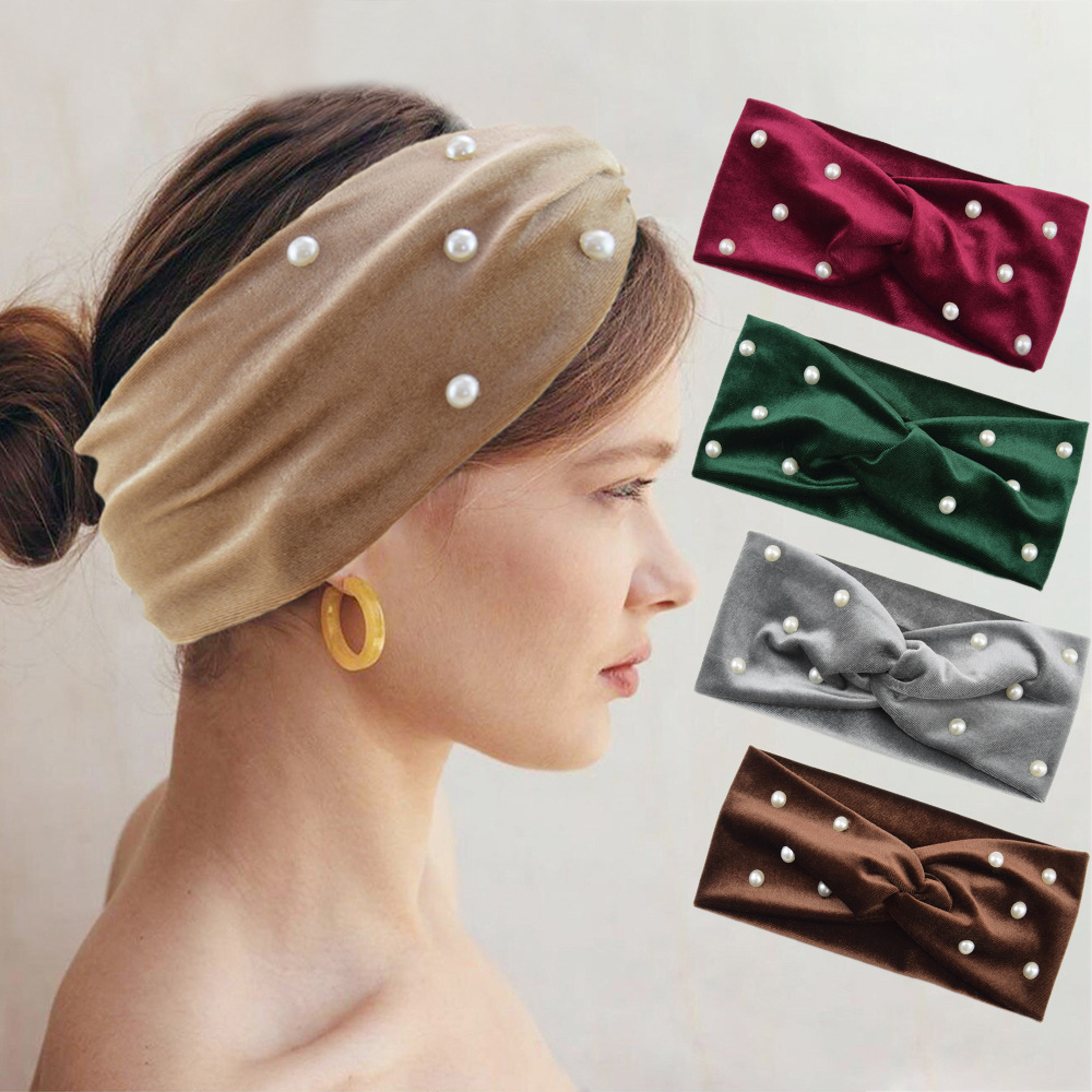 Cross-border Pearl velvet cross hair band warm ear protection headband European and American hair band yoga hair accessories face wash wide headband