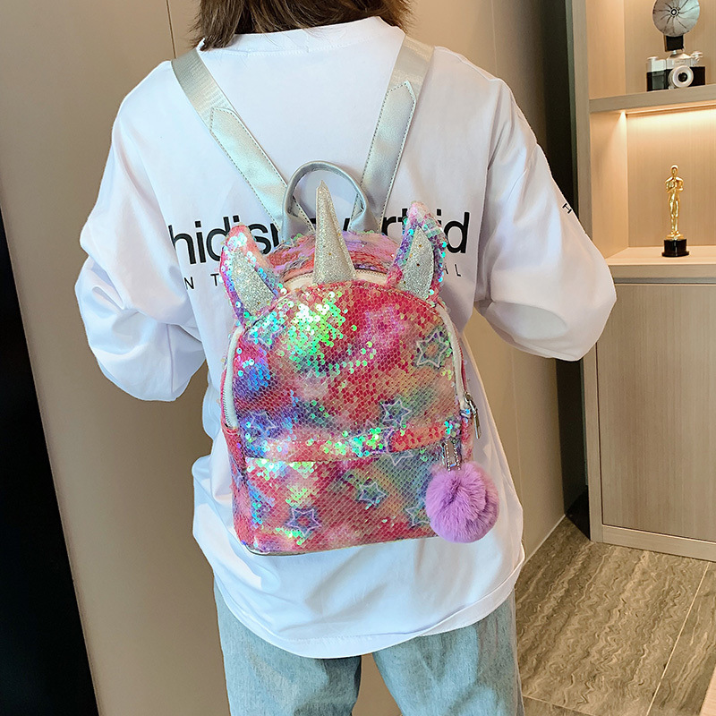 Japanese and Korean Fashion Colorful Cool Children Parent-child Backpack with Fur Ball Cute Unicorn Girl Sequin Backpack Women