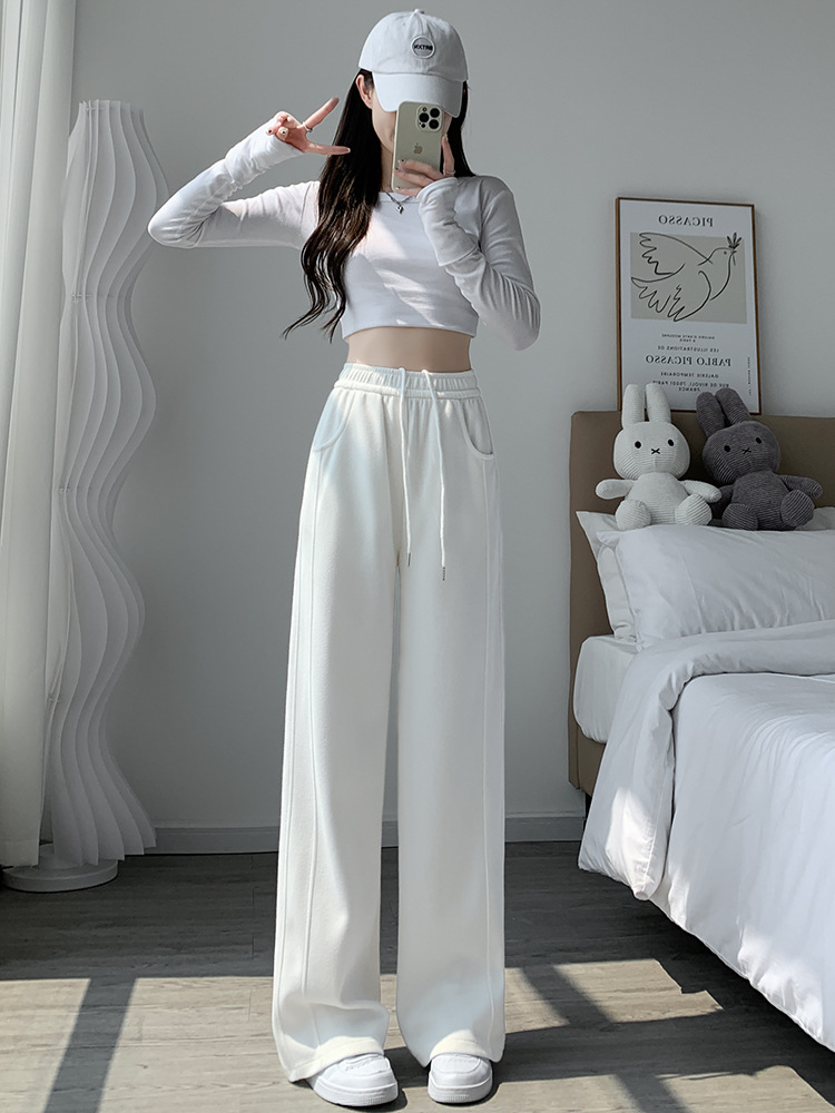 Narrow Banana Wide Leg Pants Women's Fall/Winter 2024 New fleece-lined Sports Pants Small Casual Straight Thickened Sweatpants