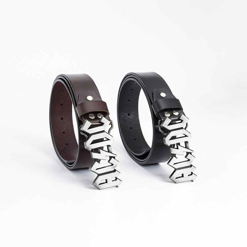 Zinc alloy ACDC music leather belt with full two-layer cowhide, retro casual western denim style club model