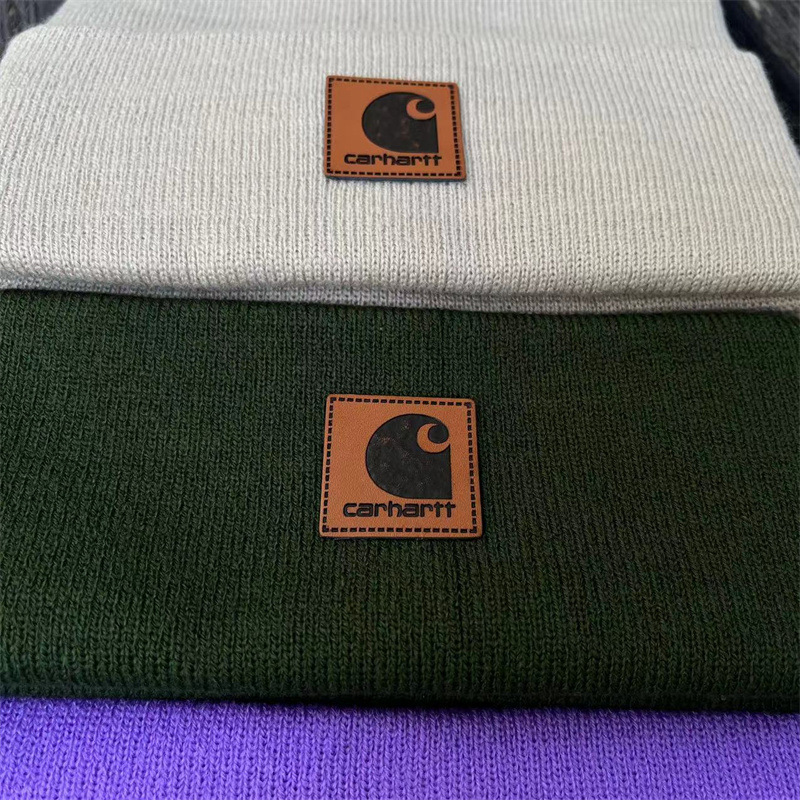 Cross-border 80g thick acrylic leather label knitted hat tooling wool hat fashion brand cold hat curling warm ski hat