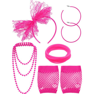 80 Neon Color Theme Prom Party Rose Lace Headband Big Circle Earrings Necklace Gloves Gloves Five-Piece Set