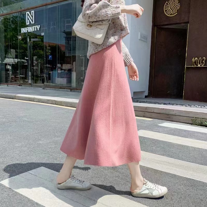 Solid Color Knitted Skirt Women's Autumn and Winter New High Waist Slimming Elegant Mid-length A- line Skirt Wool Skirt