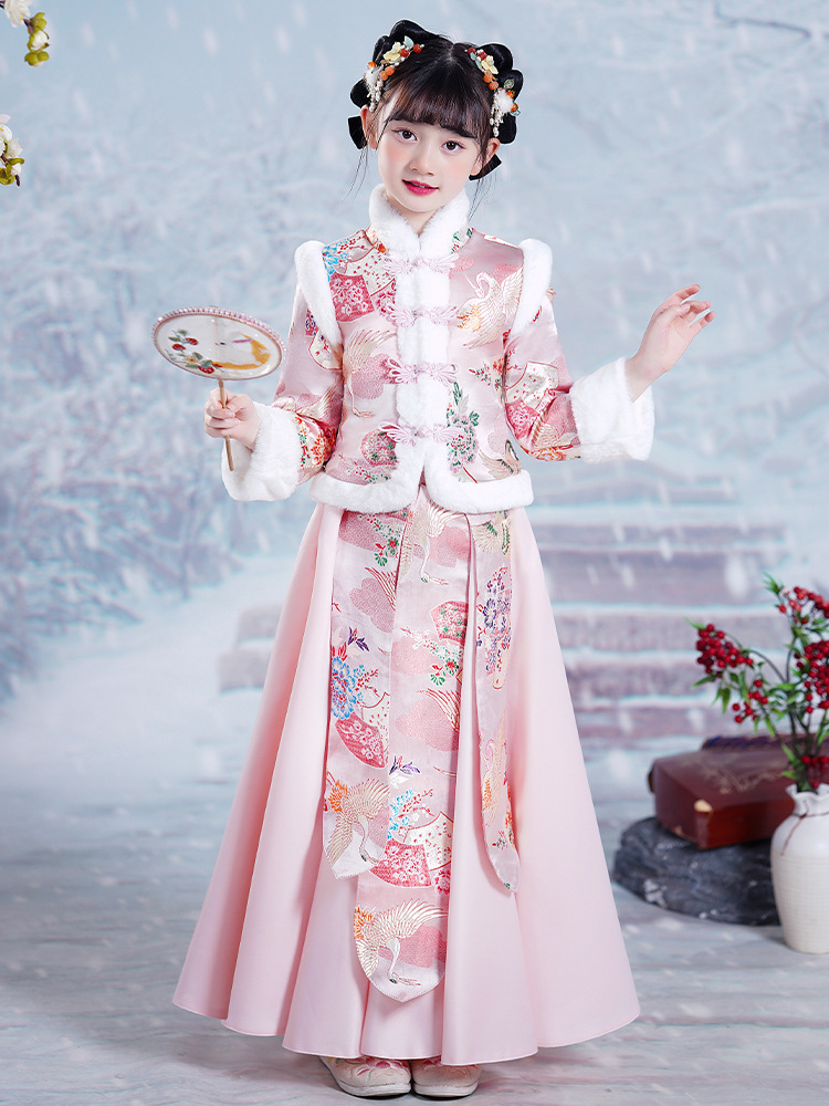 Children's New Year greeting clothes winter Hanfu girls' autumn and winter ancient style super fairy ancient costume classical princess dress fleece-lined thickened winter dress