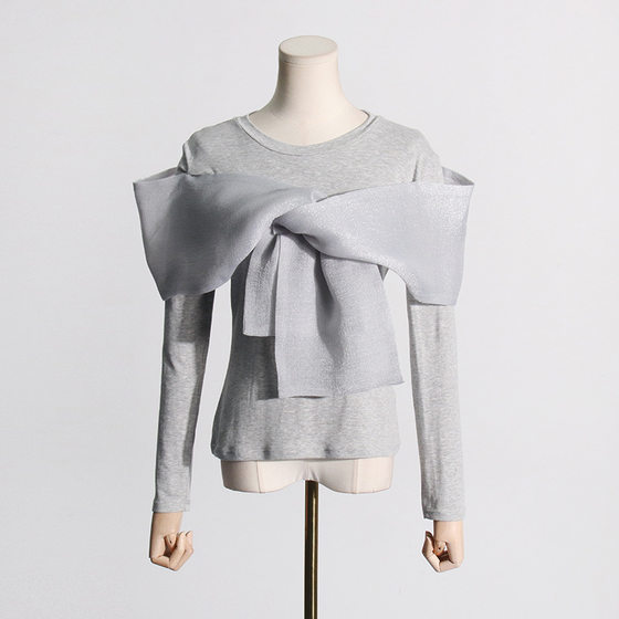 Fashion Net red niche style 2024 spring new round neck long sleeve personality cross bow solid color T-shirt for women