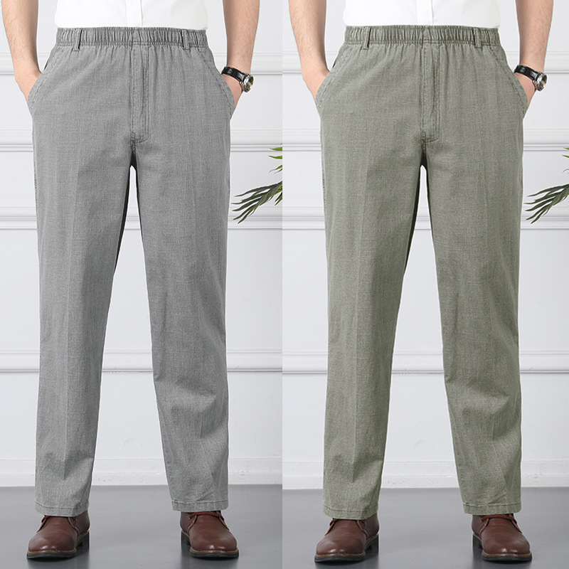Linen Casual Pants Men's High Waist and Deep Crotch Loose Middle-aged Men's Pants for Elderly Men's Pants with Elasticated Waist Cotton Linen Summer Thin Dad's Pants