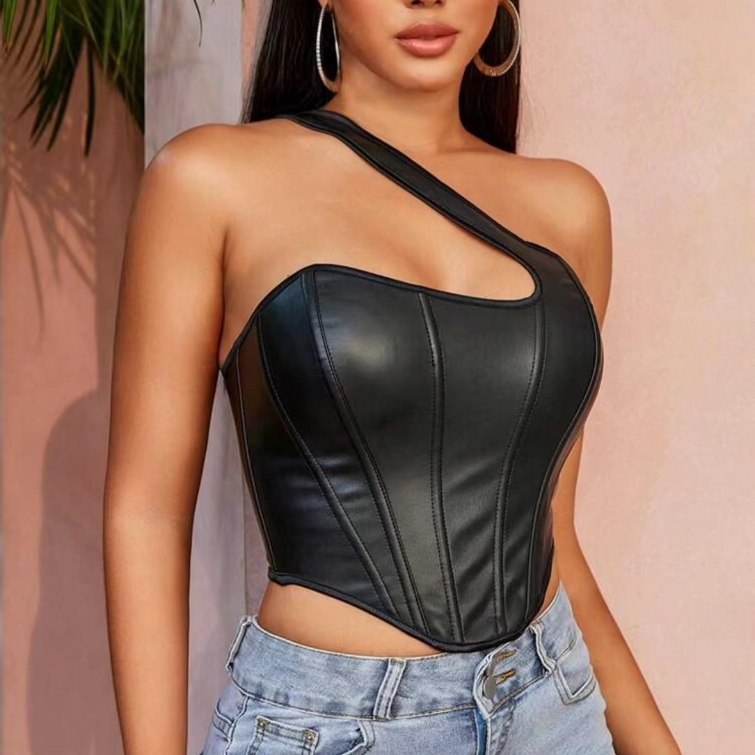 New European and American Cross-border PU Leather Shaping Top Shoulder Vest Fashion Women's Fish Bone Corset Sexy Backless Waist