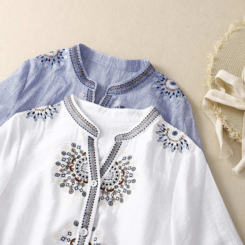 Real shot early summer 2023 retro art cotton and linen Chinese embroidery striped seven sleeve shirt collar embroidered top