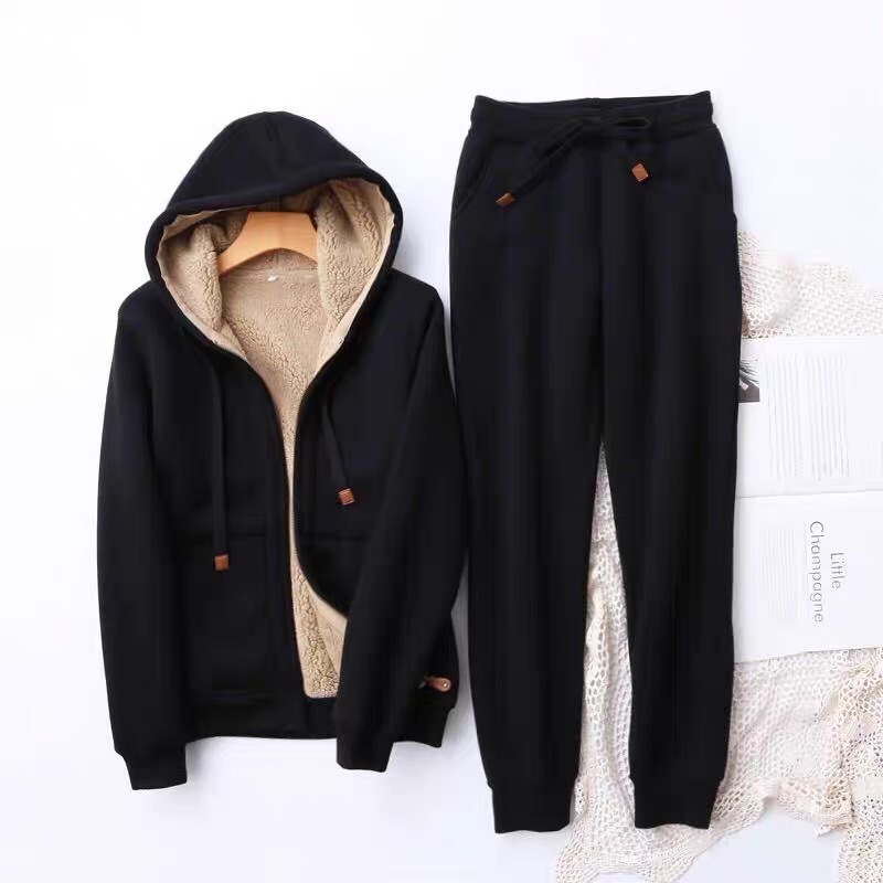 Fleece-lined thickened casual fashion suit women's autumn and winter New slimming hooded cardigan jacket sports pants two-piece suit fashion