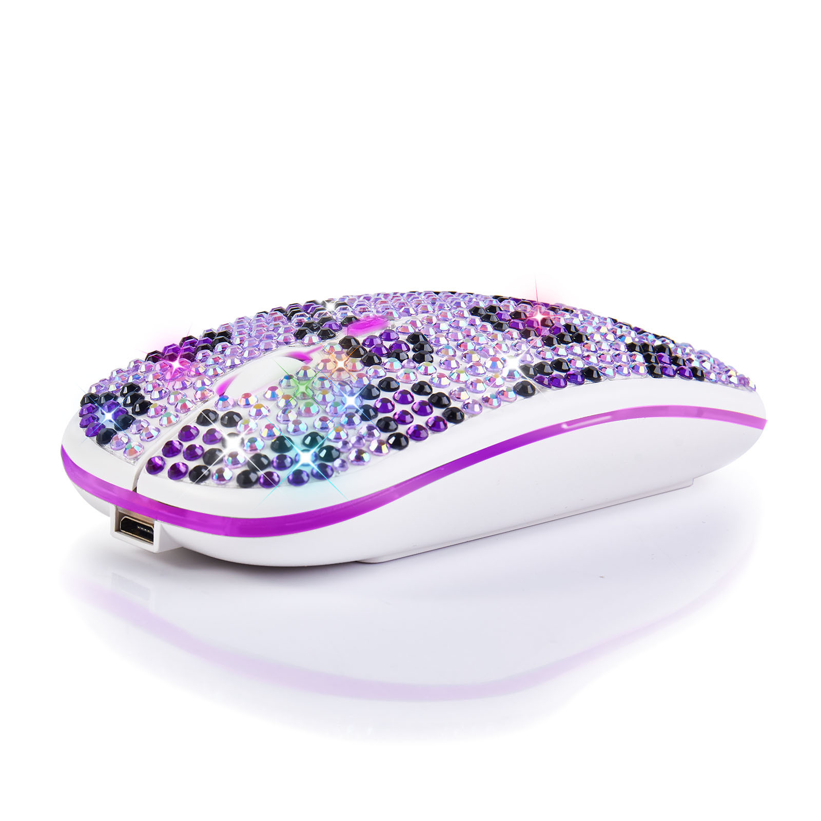 Rechargeable mute purple diamond Bluetooth Dual-mode mouse, RGB shiny crystal diamond rhinestone Wireless Mouse