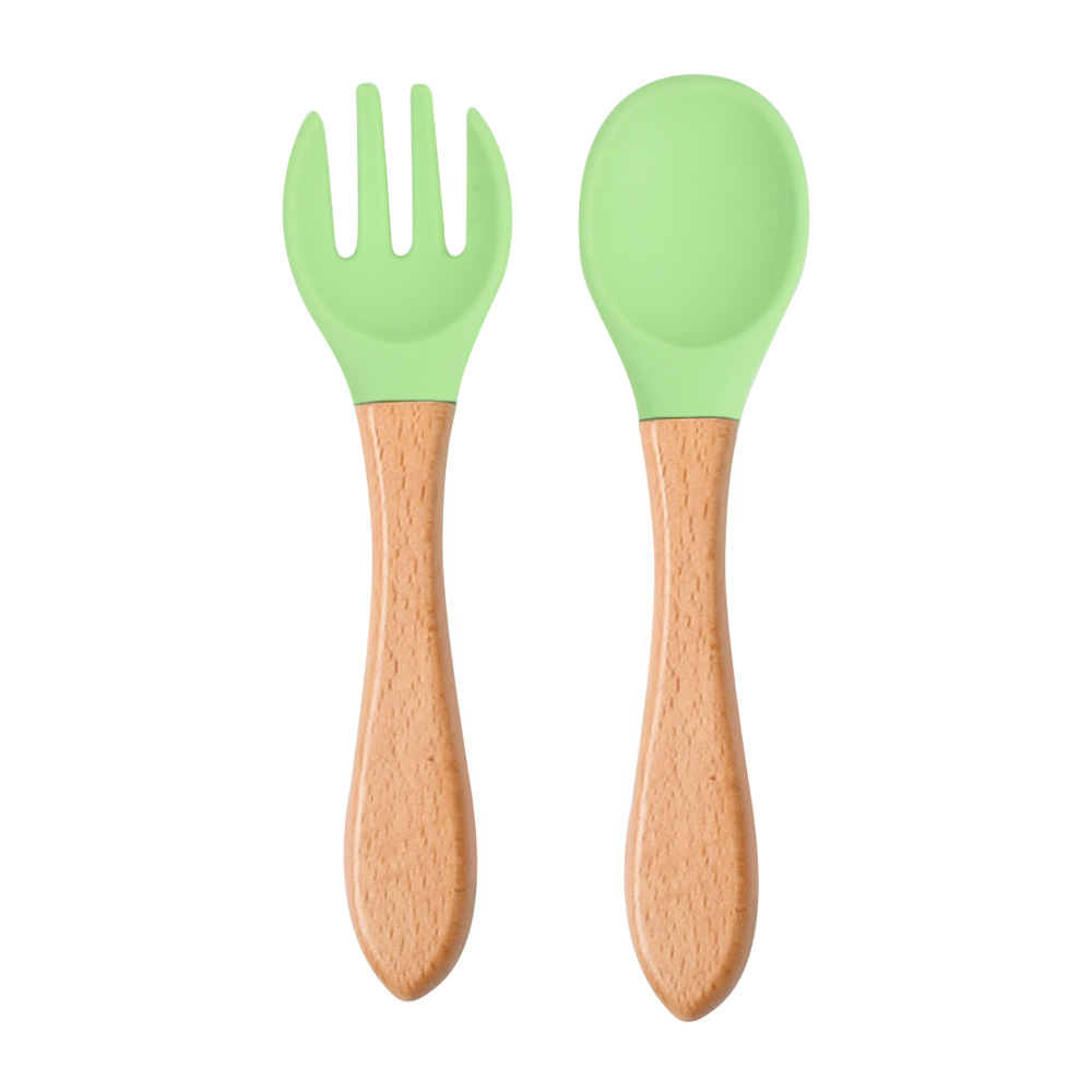 Food Grade Children's Wooden Handle Silicone Spoon Fork Tableware Baby Training Complementary Food Spoon Baby Feeding Spoon Fork